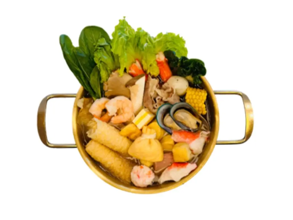 ich beef bone broth hot pot with ingredients such as shrimp, corn, mushrooms, and vegetables at Sushi Naru Pho, a Asian Fusion Restaurant in Charlotte